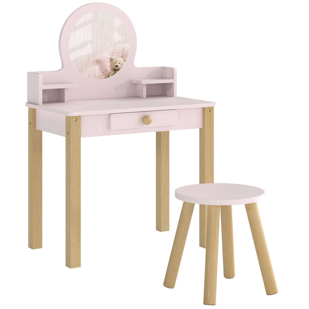 Set Toeletta Trucco per Bambina 55x34x82 cm con Sgabello Specchio e Cassetto in Legno Rosa