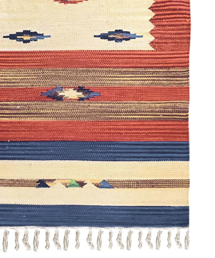 Tappeto KELIM 02 disegni etnici orientali colori vivaci cm.120x180 tessuto e frangia 100% cotone, lavabile in lavatrice