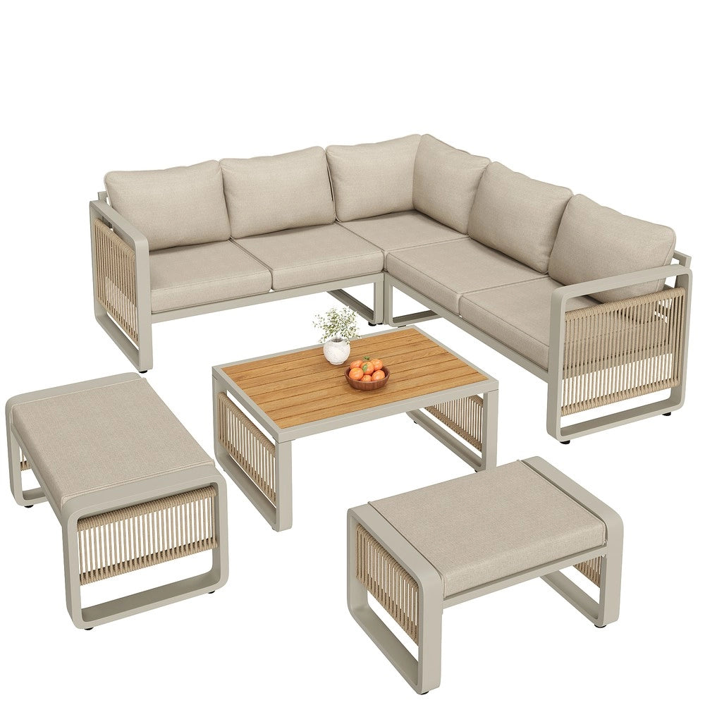 Set da giardino per 6-7 persone - Zephmum- Tessuto a mano, cuscini morbidi, piedi regolabili, beige