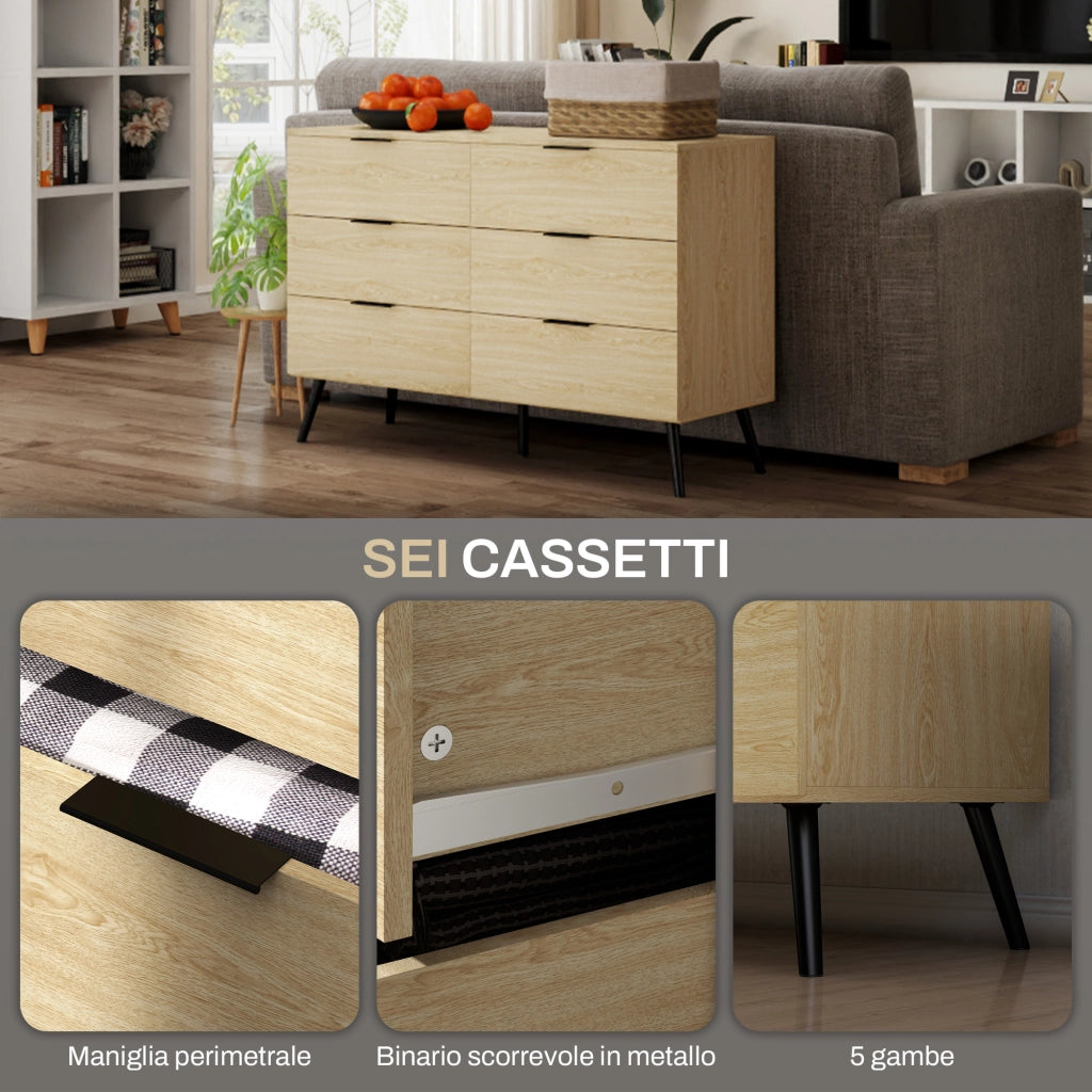 Cassettiera 6 Cassetti in Legno per Camera da Letto e Ingresso, 110x40x75cm, Rovere