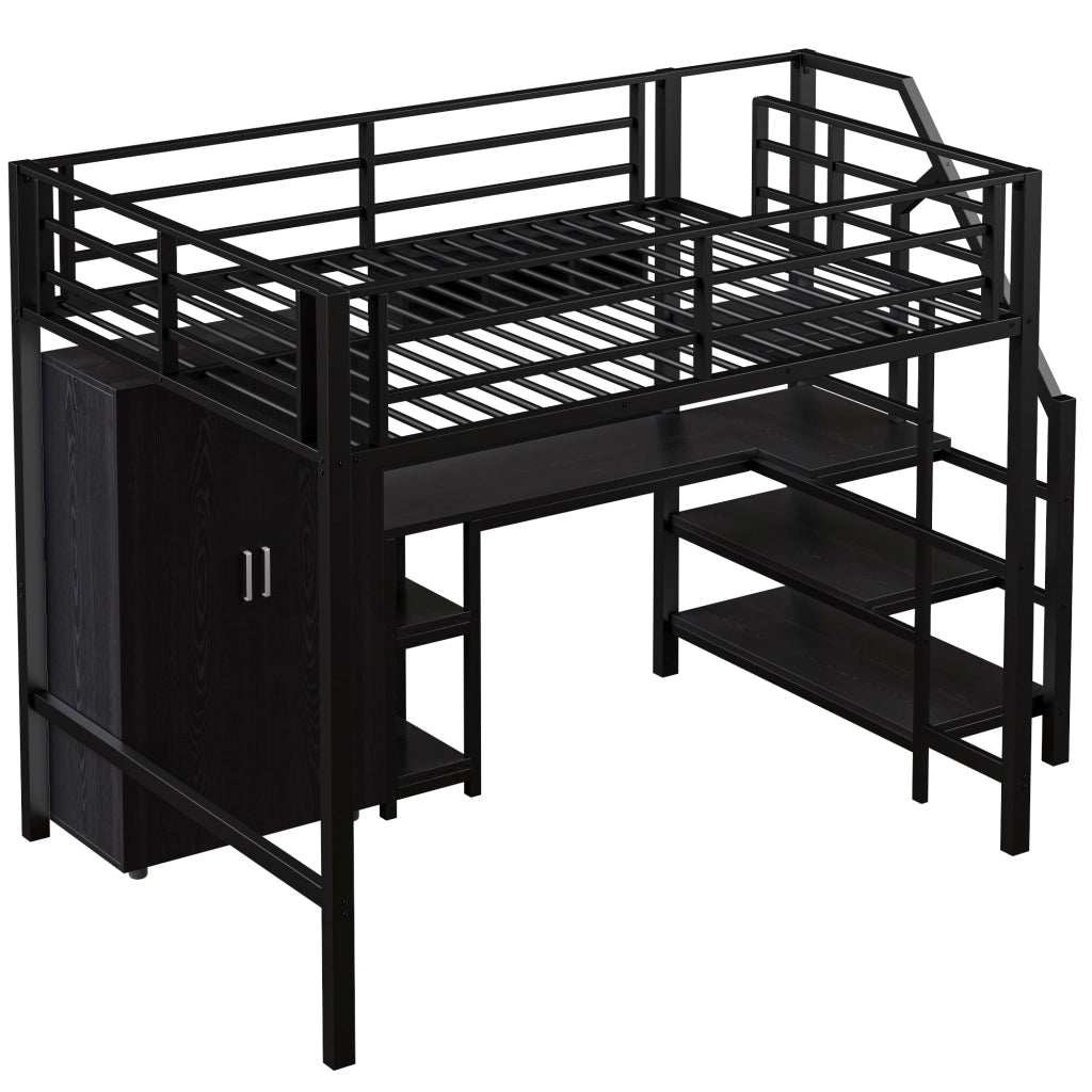 Letto a soppalco per bambini 140 × 200 cm 2 posti con armadio; mensole; scrivania e scala contenitore; senza materasso
