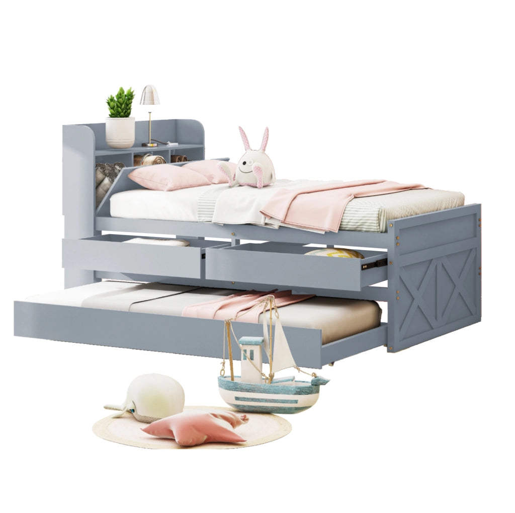 Letto 90x190 cm con cassetti; letto estraibile e USB in legno grigio