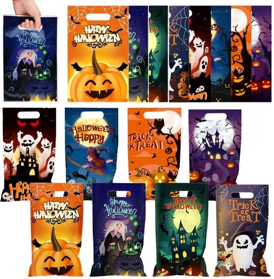 Set di 100 sacchetti per dolci con motivi Halloween a doppia faccia - maniglie - accessori per feste - Trick or Treat - costruzione duratura - sacchetti per dolci
