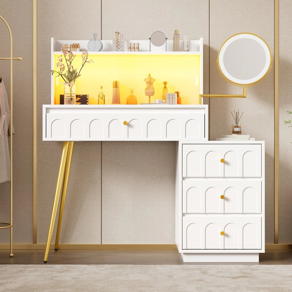 Tavolo Trucco con Specchio LED Girevole e Ante Scorrevoli in Vetro ¨C Xylo ¨C Bianco, 4 Cassetti, 112x40x116 cm