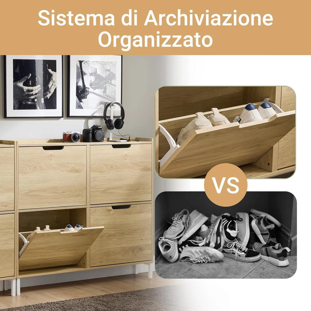 Scarpiera Salvaspazio Slim da Ingresso – Mobile Portascarpe con 4 Ante a Ribalta Regolabili in Legno – Armadio Scarpiera Alta e Stretta per Bagno o Corridoio, 100x19x91 cm，Naturale, FSR100-N