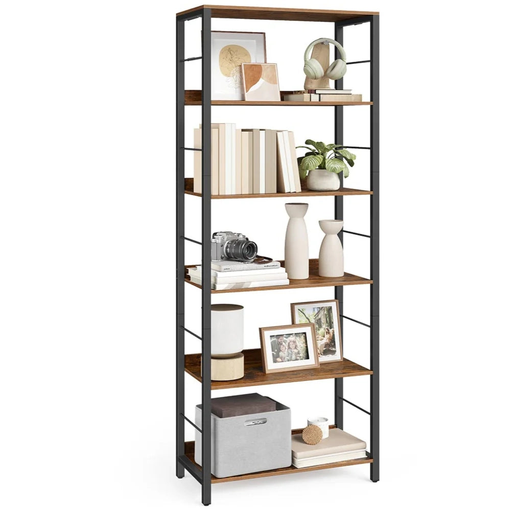 Libreria a 6 ripiani con pannelli posteriori in stile industriale per soggiorno studio ufficio marrone 12_0005806