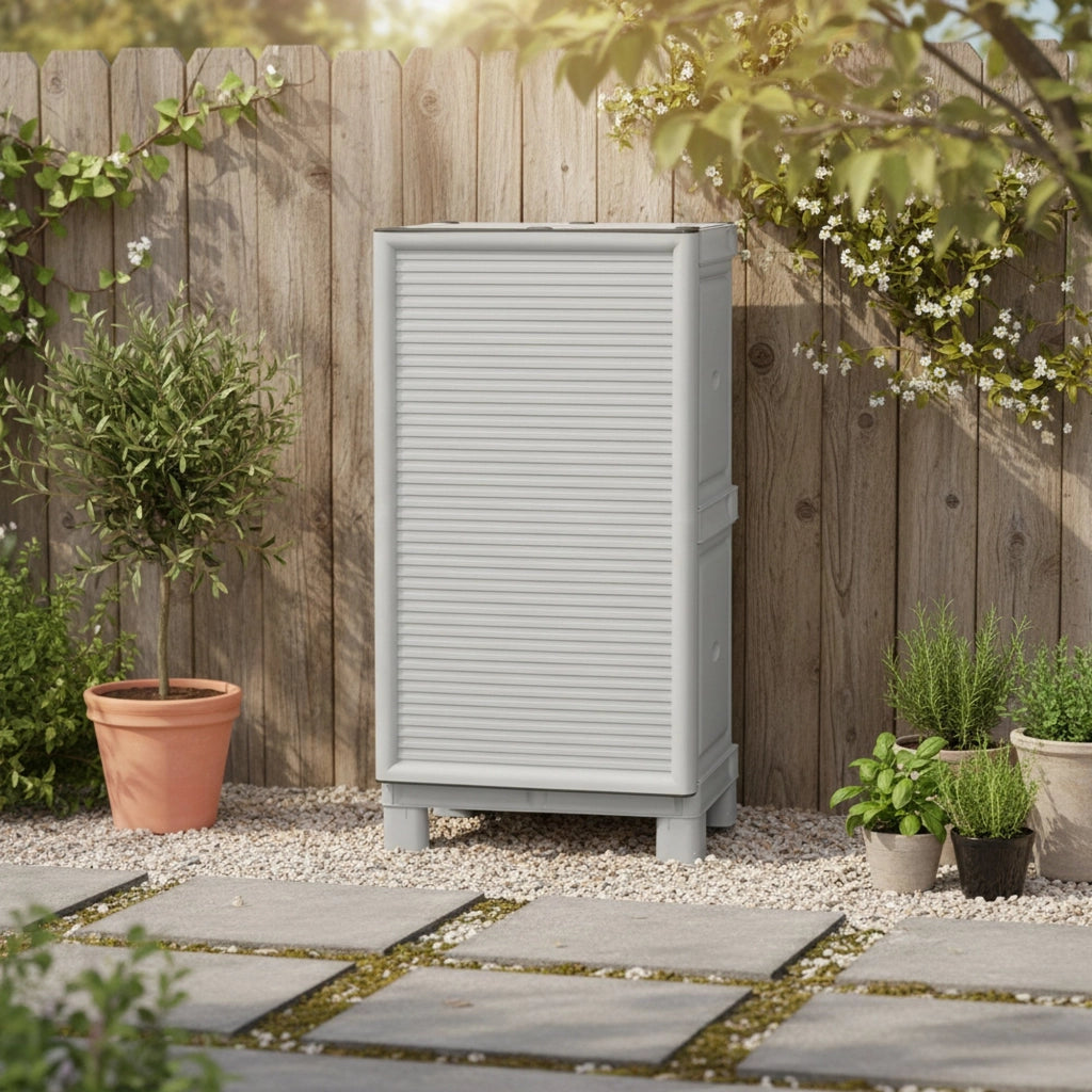 Mobiletto multiuso da esterno o Arlinda, Armadio basso a 1 anta e 1 ripiano in polipropilene, 100% Made in Italy, cm 50x39h92, colore Grigio chiaro
