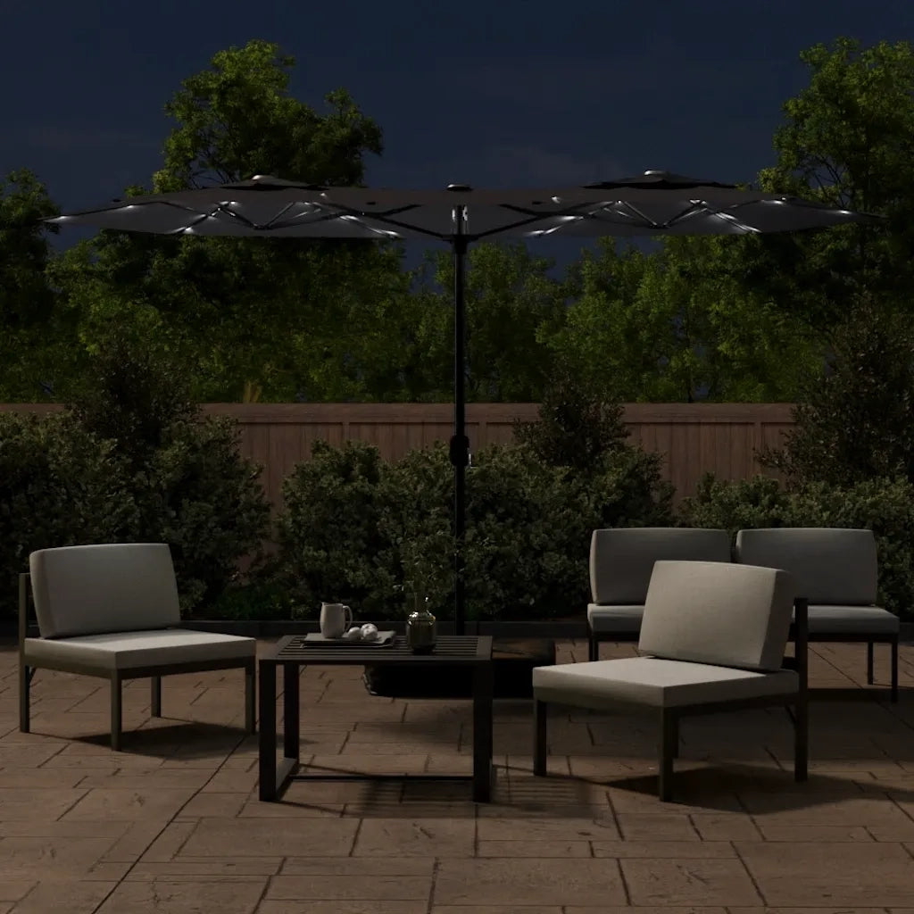 Ombrellone a Doppia Testa con LED Nero 316x145 cm 362975