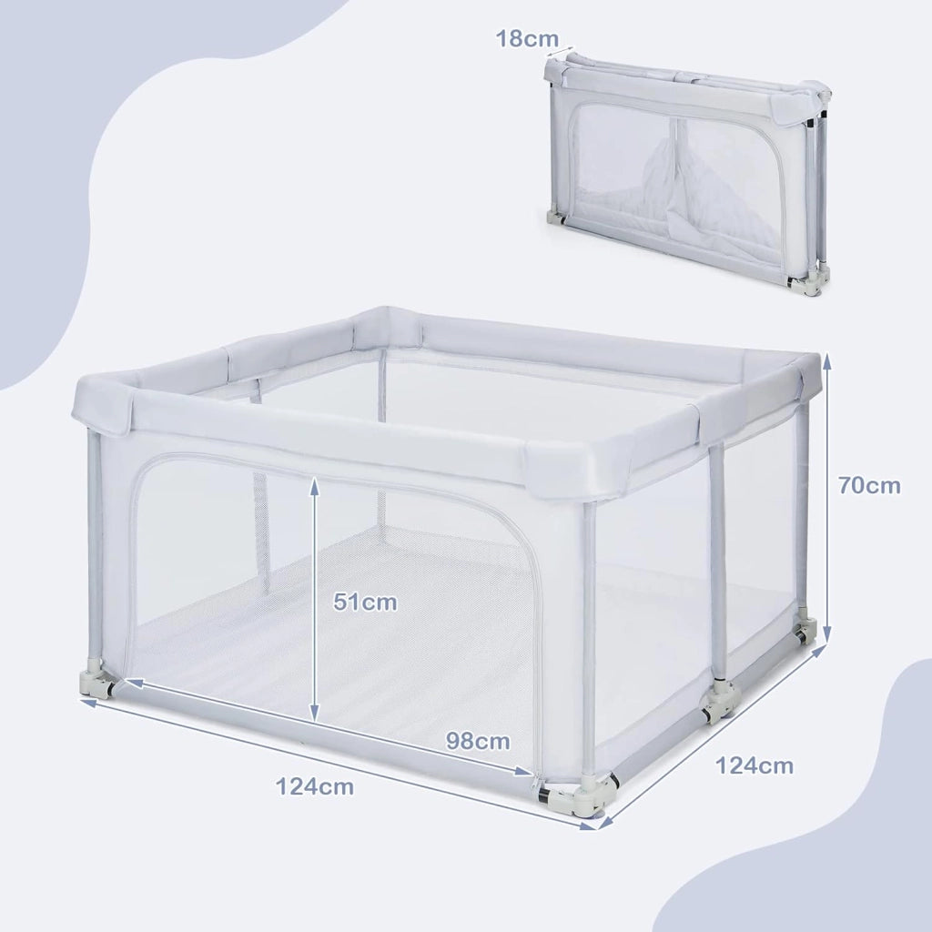 Recinto per Bambini, Box Pieghevole per Bambini con Rete Traspirante, Centro Attività per Neonati con 50 Palline, Box Giochi per Bambino 0-3 Anni (Grigio, ‎124 x 124 cm)