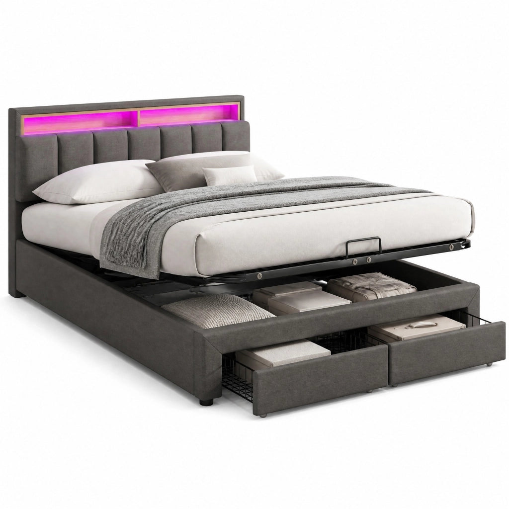 Letto imbottito 180x200 cm con LED, rete a doghe, vano contenitore e struttura in MDF e acciaio, grigio scuro