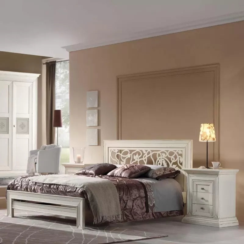 Letto arte povera traforato legno shabby bianco anticato 183x210x117 - Mobili 2G