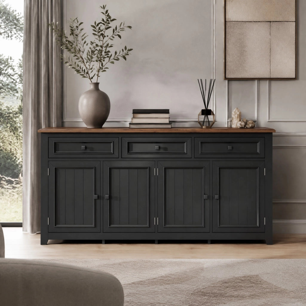 Sideboard 160x35x76 cm con 3 cassetti e 4 ante in MDF nero