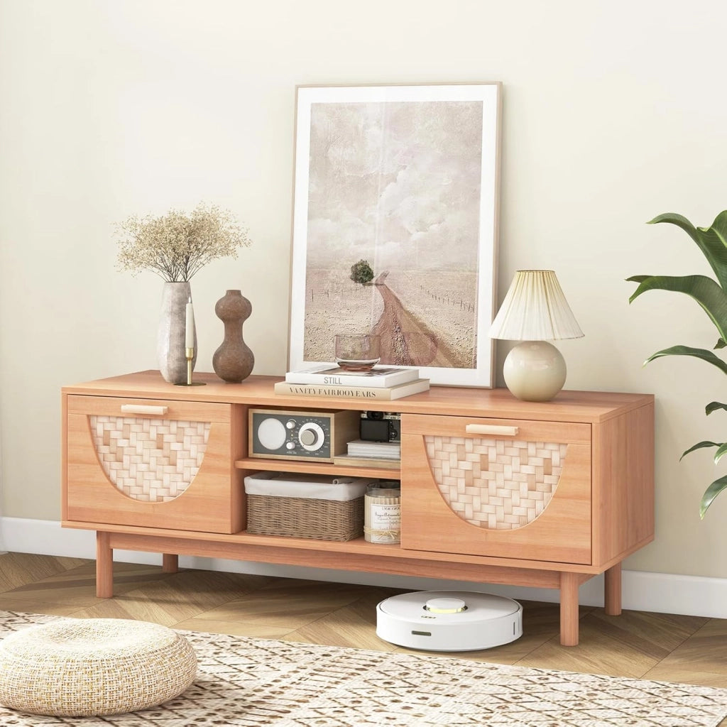 Supporto TV per TV da 55 pollici, mobile TV con 2 cassetti e frontali in bambù, con gambe in legno massello, per soggiorno, camera da letto