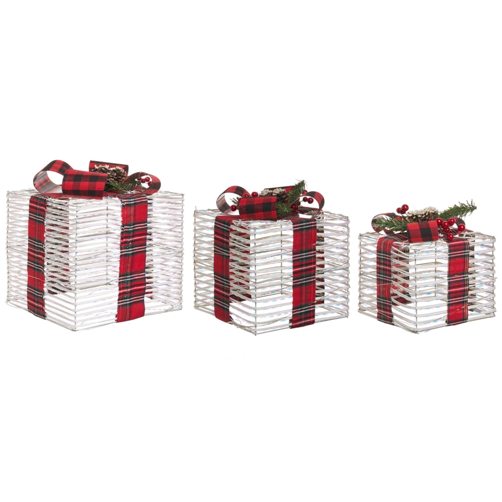 Set di 3 scatole regalo natalizie luminose bianco sporco con luci LED Decorazioni natalizie con fiocchi per uso interno