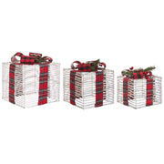 Set di 3 scatole regalo natalizie luminose bianco sporco con luci LED Decorazioni natalizie con fiocchi per uso interno