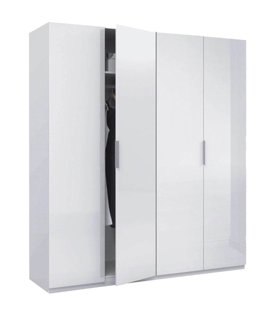 Guardaroba Aram, Armadio per camera da letto a 4 ante battenti, Mobile con 2 ripiani e barra appendiabiti, cm 180x52h200, Bianco