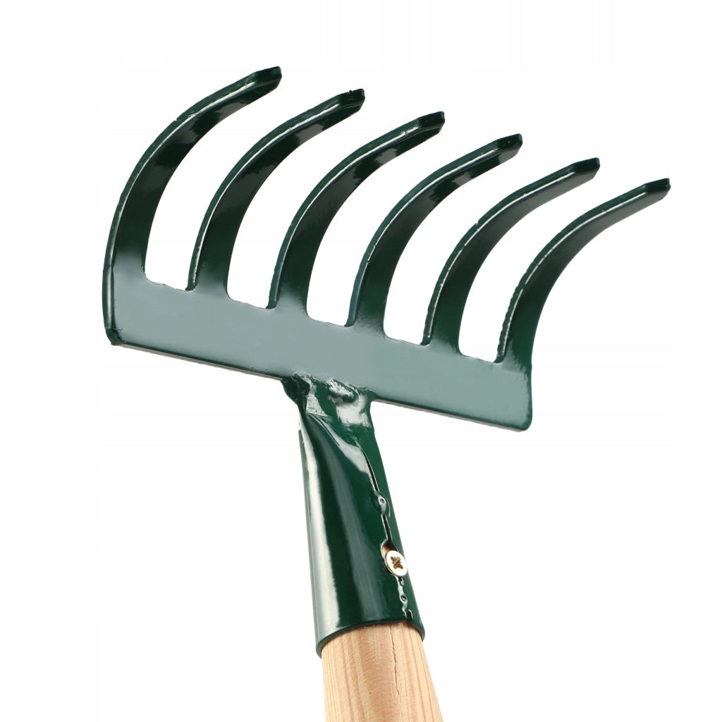 Rastrello da giardino in metallo KADAX, piccolo, 35 cm, 6 denti, manico in legno massello