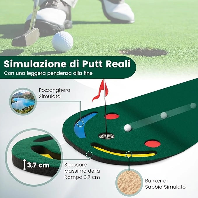 Set di Putting da Golf, Tappetino da Putting con 3 Fori per il Putting, 1 Bandierina e Coperture per Buca da Golf per Allenarsi al Putting, Putting per Uso Interno ed Esterno, 300 x 96 CM