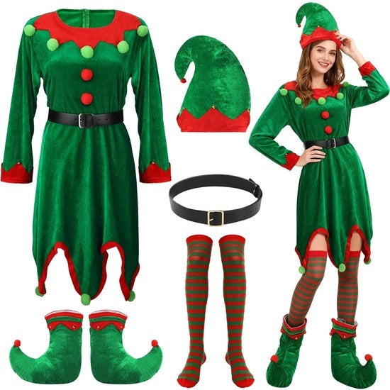 Costume da Natale per Donne con Piume e Riem - Collo Alto con Calze - Scarpe da Gatto - Disegno Natalizio Felice