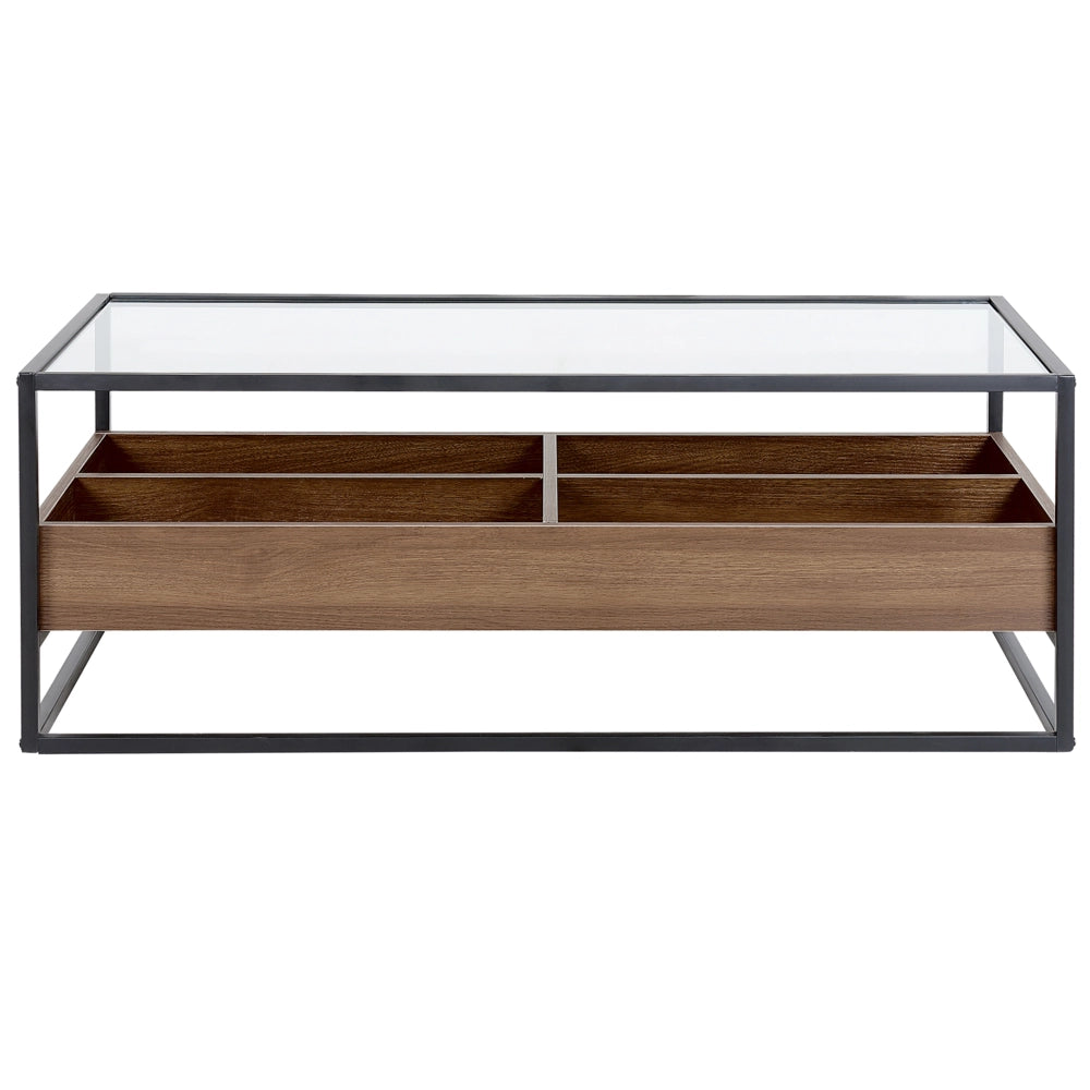 Tavolino in Legno Scuro con Piano in Vetro Nero Struttura in Metallo Funzione Contenitiva Rettangolare Design Moderno