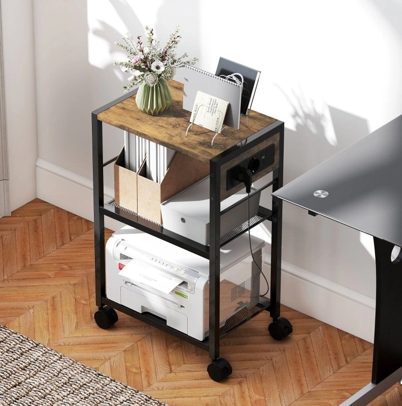 Supporto per stampante 42x28x64，5 cm in MDF marrone rustico con prese e ruote