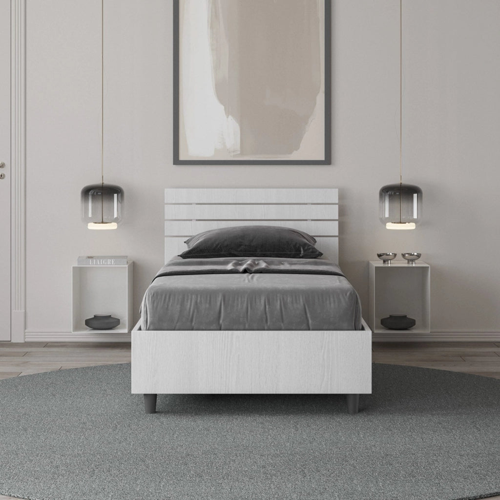 Letto Singolo 80x190 cm con Rete e Contenitore Ankel Testata Doghe Dritta Bianco Frassino