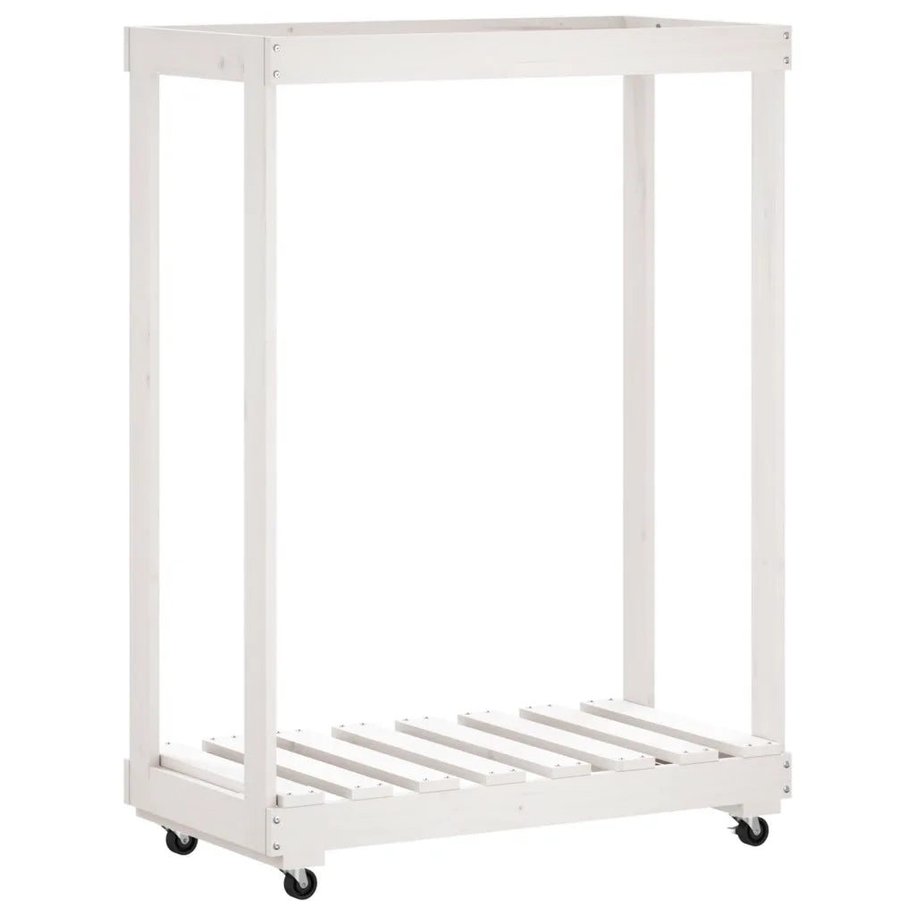 Portalegna con Ruote Bianco 76,5x40x108 cm Legno Massello Pino 832326
