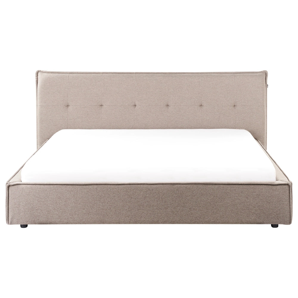 Letto 180 x 200 cm rivestimento in tessuto di lino tortora e gambe nere, con testiera e struttura a doghe per la camera da letto.