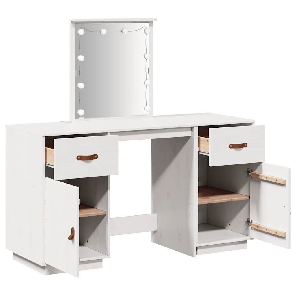 Set Toeletta | Tavolo da Trucco con LED Bianco in Legno Massello di Pino