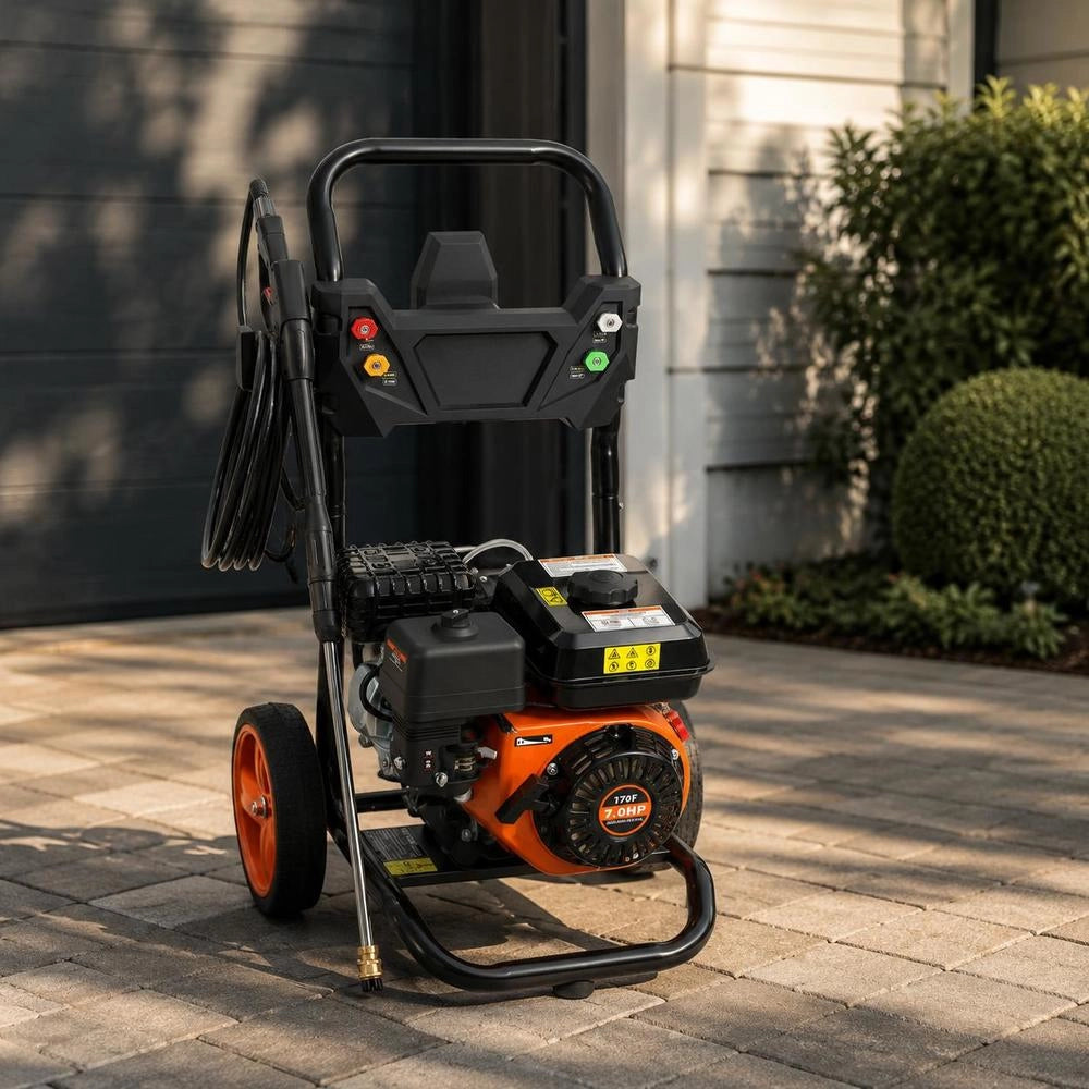 Petrol Pressure Washer, 3400 PSI 2.6 GPM, Patio Cleaner 10 L/min With Aluminum Pump, High-pressure Gun & Extension Wand, 5-nozzle Set, For Cars, Fences, Houses, Patios, Vertical