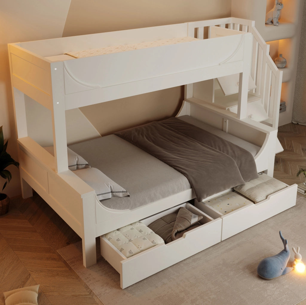 Letto a castello con scala e cassetti 90x200/140x200 cm; bianco; in legno e MDF