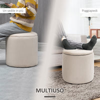 Set di 2 Pouf Contenitore Salvaspazio Rotondi e Imbottiti in Velluto a Coste Bianco