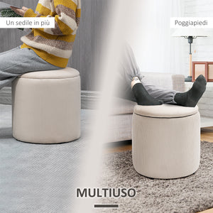 Set di 2 Pouf Contenitore Salvaspazio Rotondi e Imbottiti in Velluto a Coste Bianco