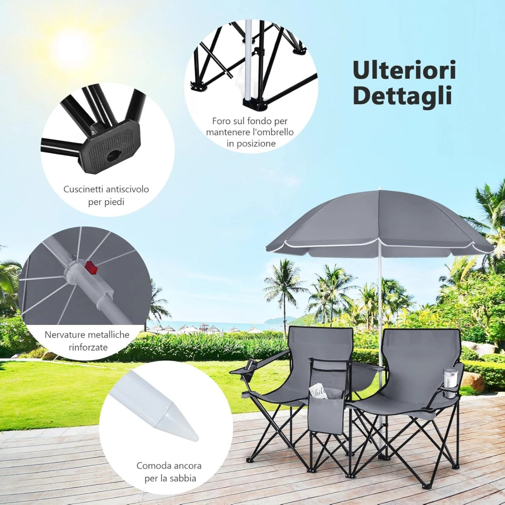 Set di 2 Sedie da Campeggio Pieghevoli, con Ombrellone e Tavolino Contenitore, Resistente e Leggero, Capacità 113 kg (grigio)