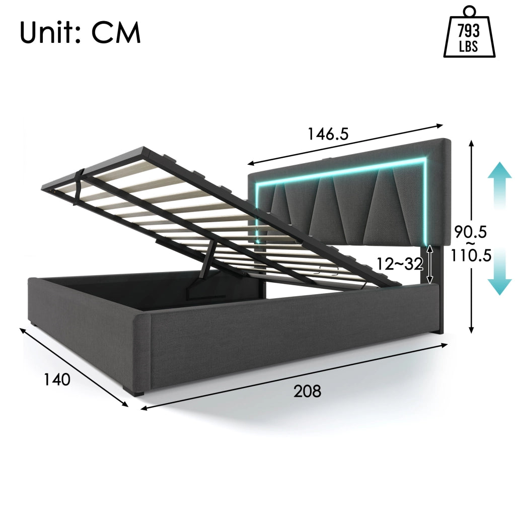 Letto imbottito 140x200 con LED; USB e Type-C; contenitore; con materasso; grigio