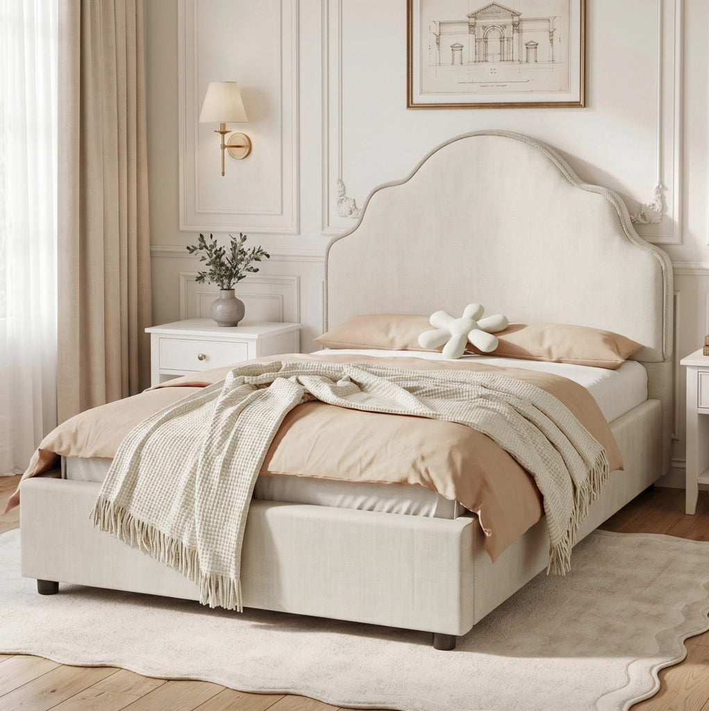 Letto singolo imbottito 90x200 cm con testiera arrotondata; beige; in lino