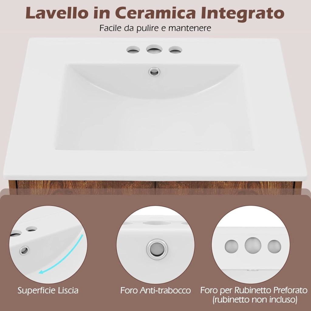 Mobile Sottolavabo per Bagno in Legno, Mobiletto da Bagno con 2 Ante e Mensola Aperta, Mobile da Bagno a Terra Stile Vintage con Lavandino in Ceramica, 61 x 46,5 x 87 cm, Marrone Rustico