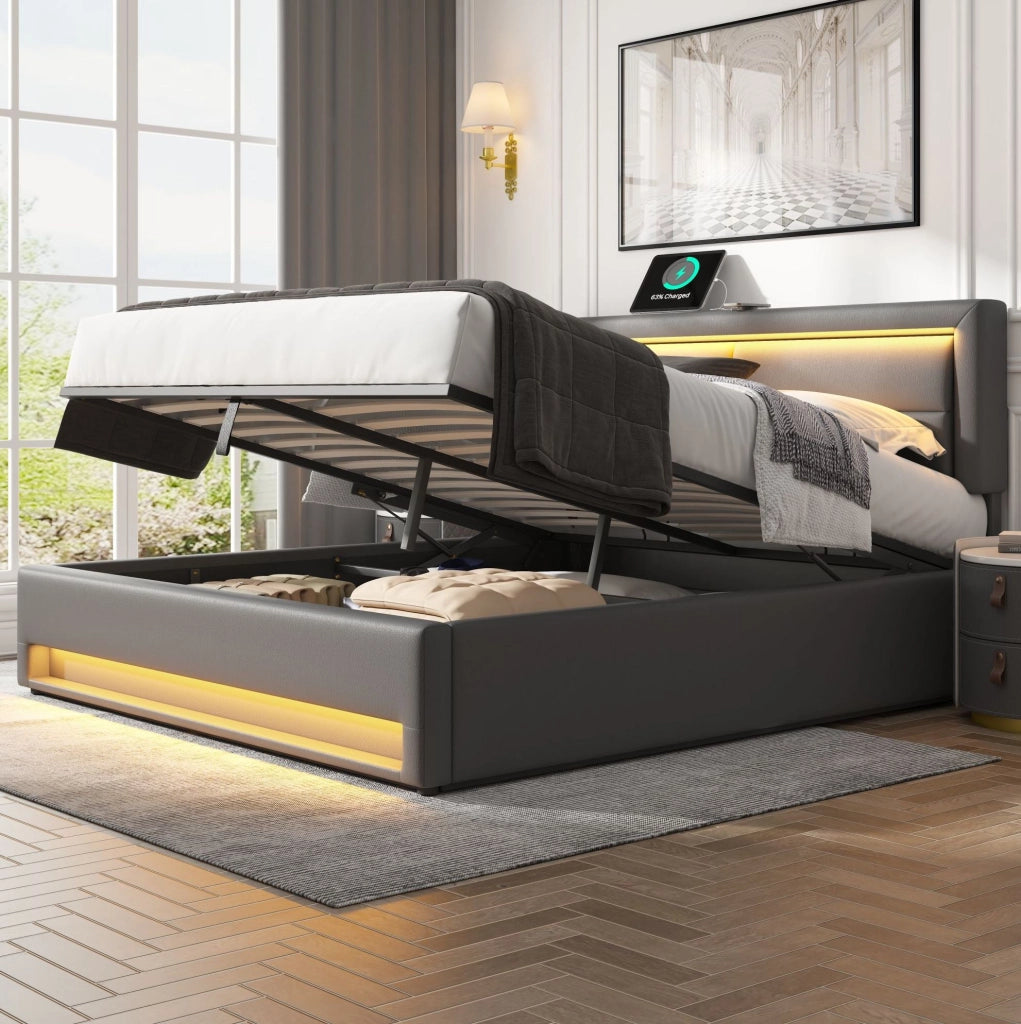 Letto imbottito matrimoniale 140x200 cm in PU grigio con USB; LED e contenitore