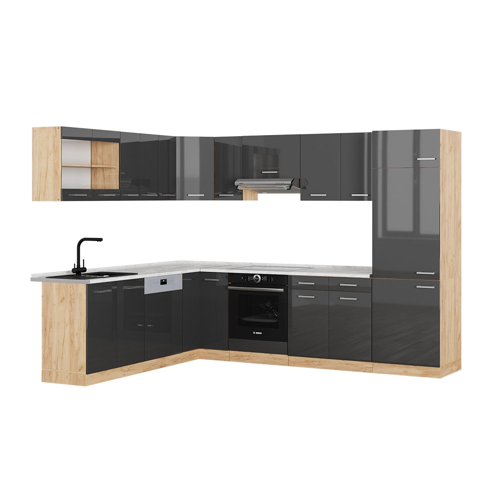 Cucina angolare completa R-Line Antracite lucido/Rovere dorato 287 x 60 cm, PL Marmo Vicco