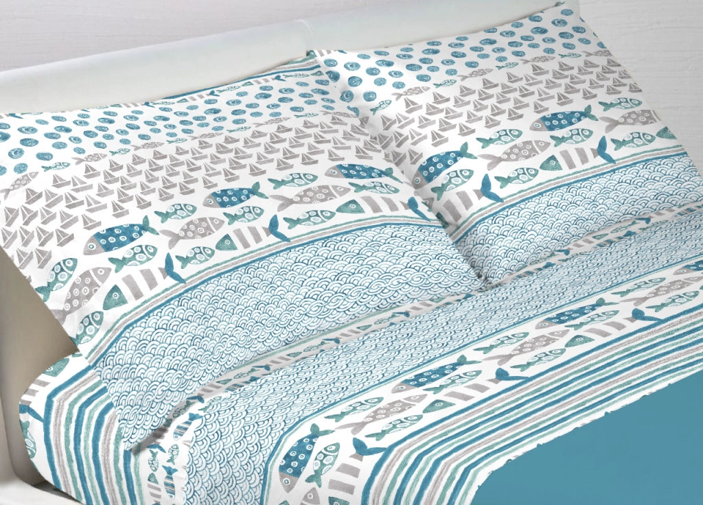 Completo Lenzuola Letto In 100% Cotone Made Italy Disegno Marino Pesci - Piazza E Mezza - Azzurro