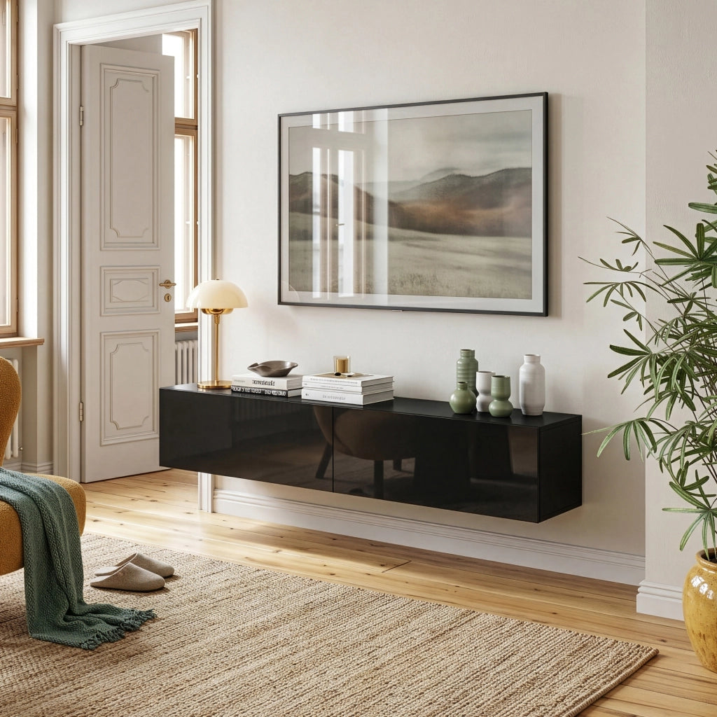 Mobile Pensile Evaton Porta TV da Parete 160 x 32 x 30 cm - Nero Lucido [en.casa]