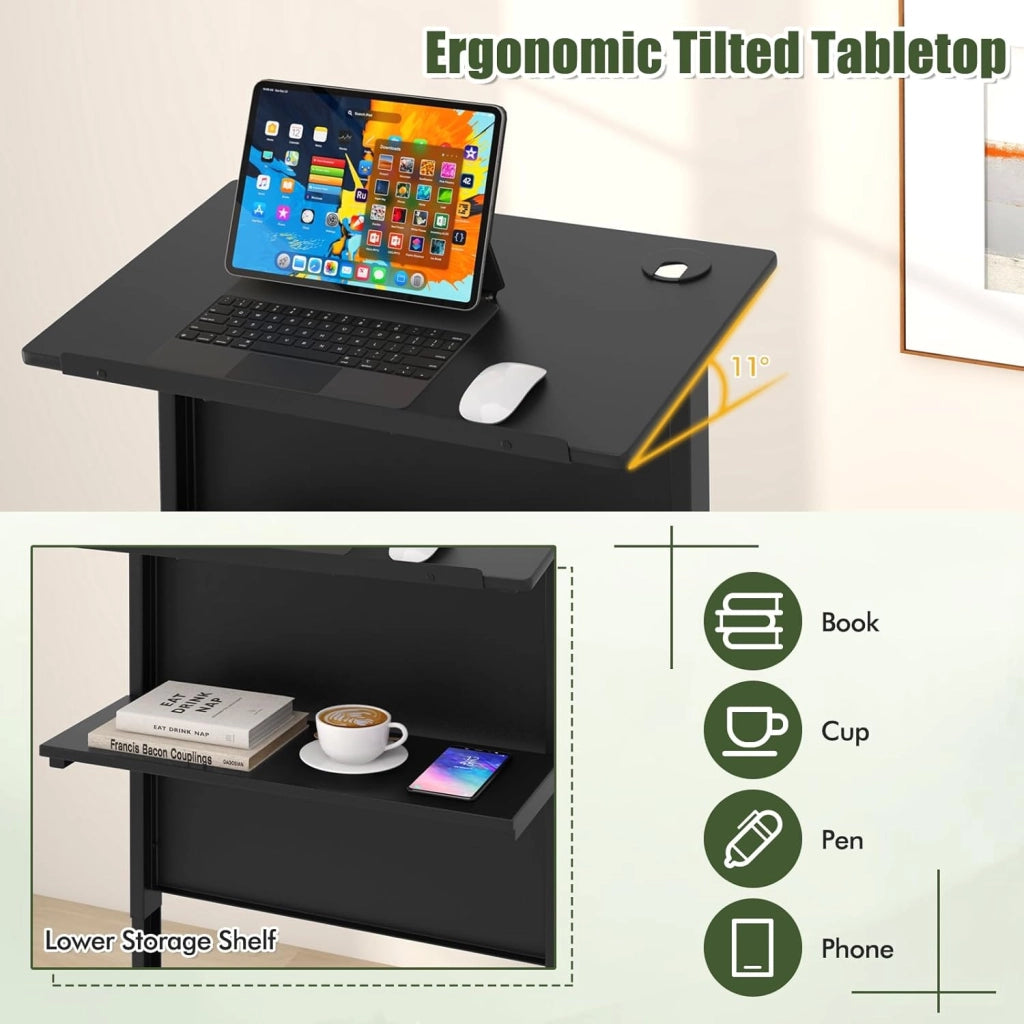 Leggio con rotelle per computer portatile con regolazione in altezza e ripiani, per aule, discorsi, nero, 60 x 39,5 x 122,5/115,5/108,5 cm