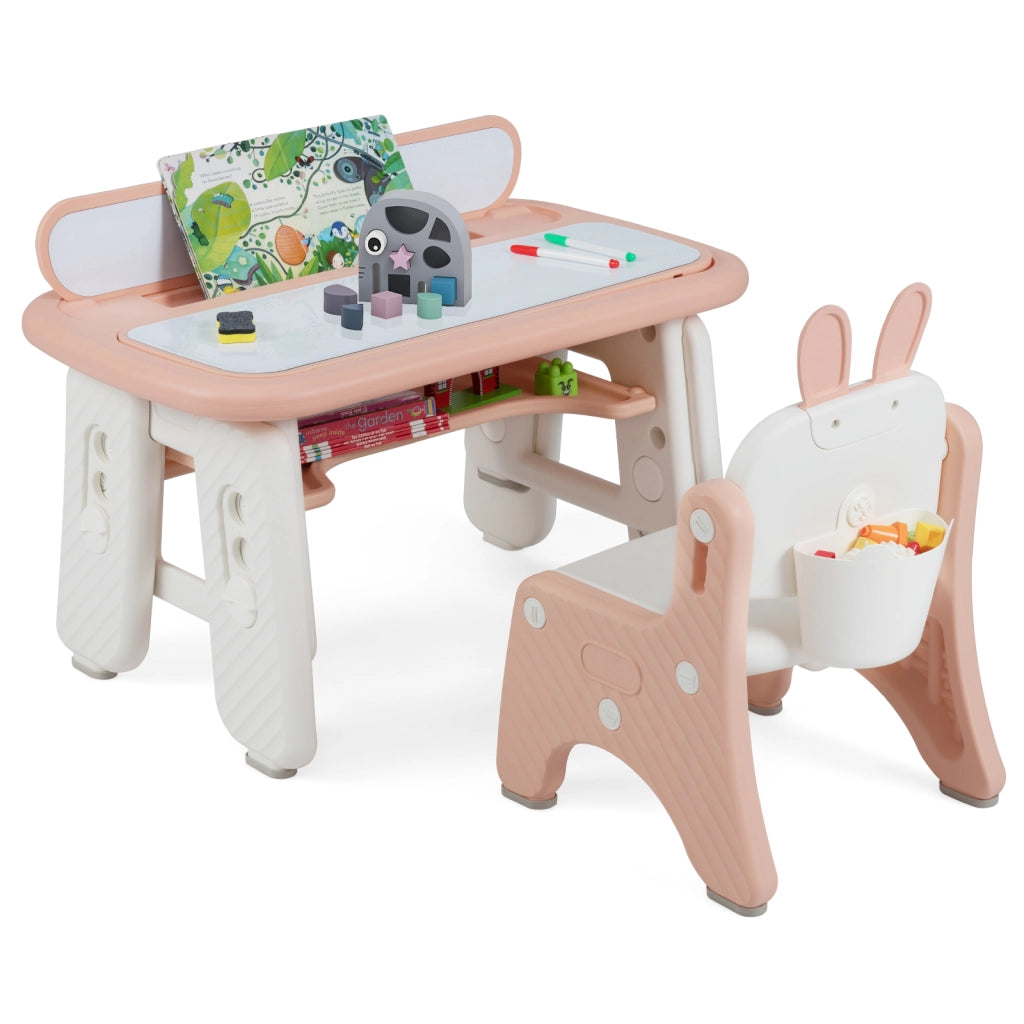 Tavolo e sedia per bambini con mensola ribaltabile lavagna magnetica cancellabile-Tavolo e sedia per imparare Rosa