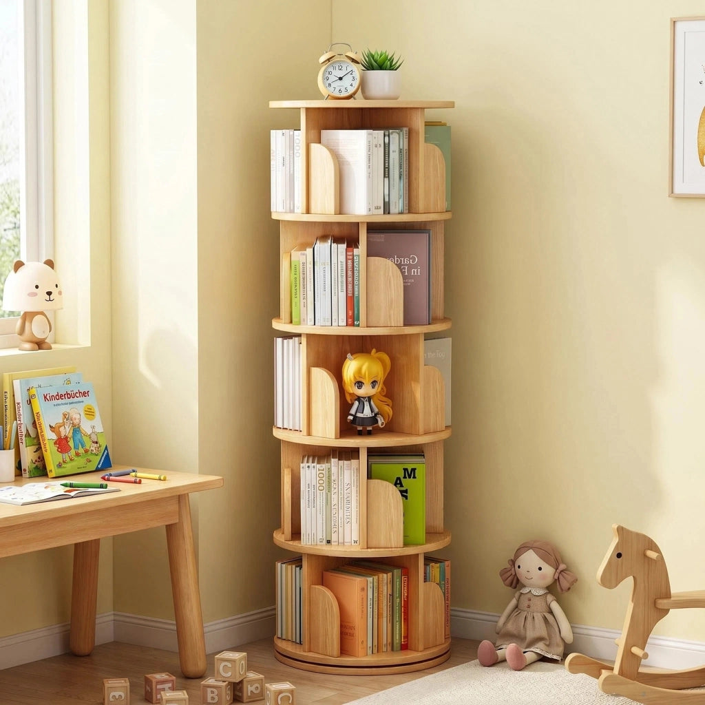 Libreria girevole a 360° in MDF, salvaspazio, colore legno