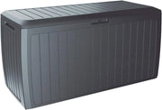 ® Baule da Giardino 117x47x60cm Aspetto Legno 290L Box Multiuso Multibox Cuscini 6 Ruote Coperchio Esterno