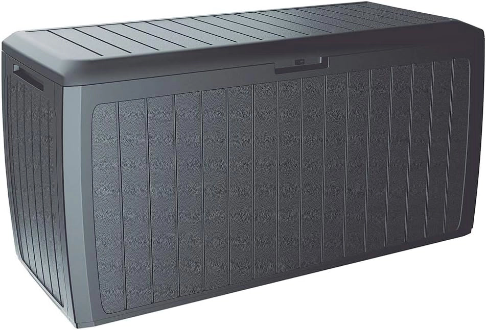 ® Baule da Giardino 117x47x60cm Aspetto Legno 290L Box Multiuso Multibox Cuscini 6 Ruote Coperchio Esterno
