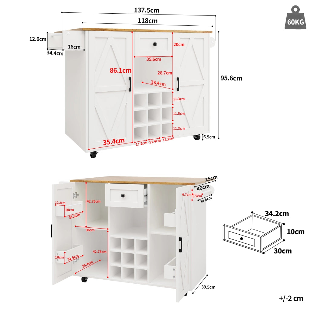 Isola da Cucina con 1 Cassetto; 2 Ripiani; 2 Ante e Piano Ribaltabile; in MDF; Bianco; 137;5 x 40 x 95;6 cm