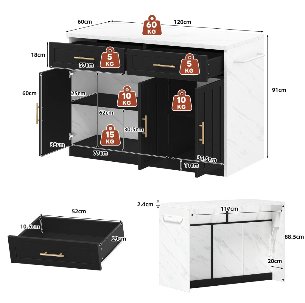Isola da cucina 120x60x91 cm con piano bar, prese USB e ripiani regolabili in MDF nero