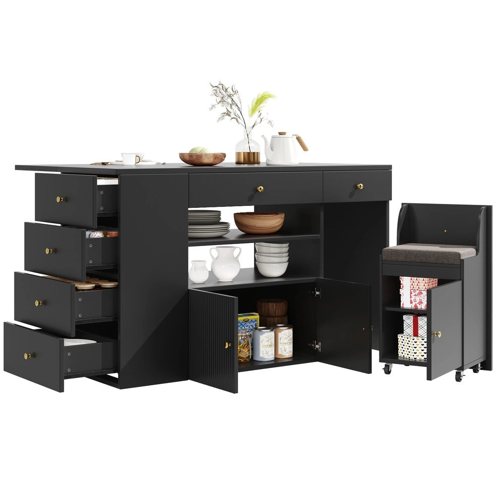 Isola Cucina con Sgabelli e Cassetti ¨C Xylo ¨C Bianco/Nero, 140x40x89 cm
