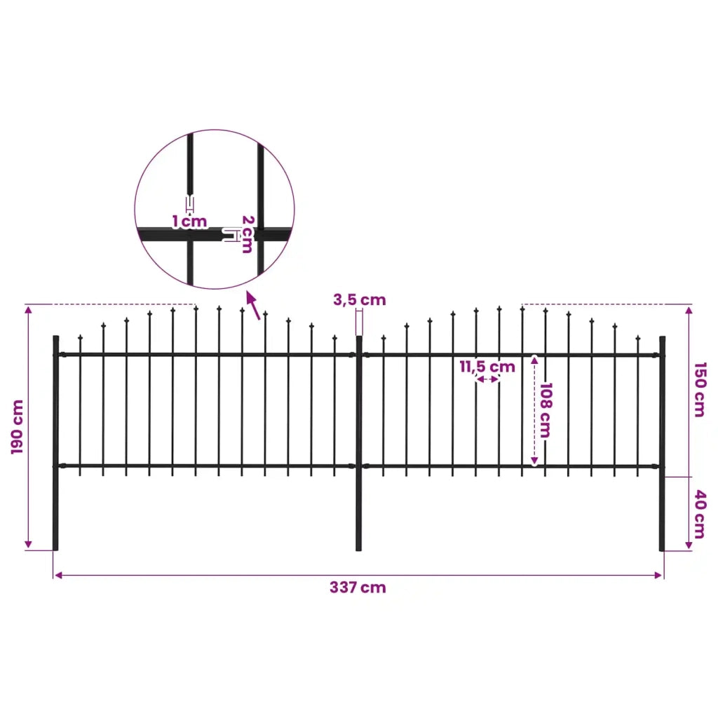 Recinzione da Giardino con Punta a Lancia in Acciaio 337x150 cm Nero 277731